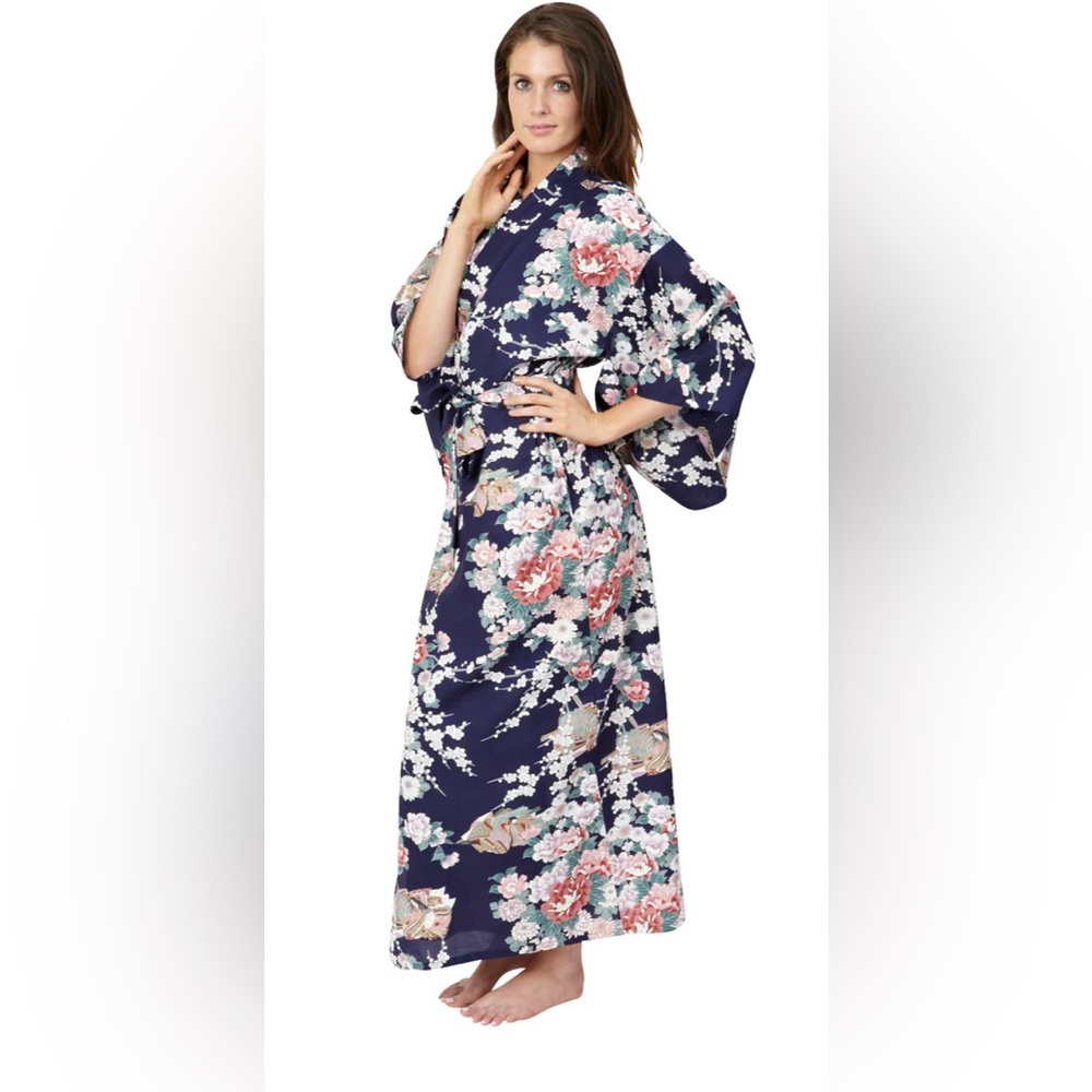 Skurai Shoji Princess & Peony Cotton Yukata Kimono In Navy Blue. Size L